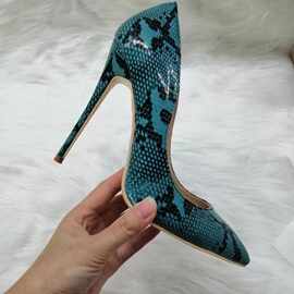 天丽欧美风时尚简约高跟浅口绿色蛇纹尖头性感夜店显瘦高跟鞋单鞋