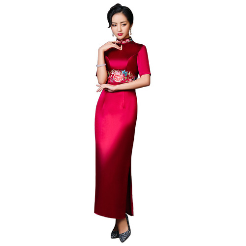Traditional Chinese Dress Qipao Dresses for Women Wine red long size embroidered cheongsam wedding dress Retro