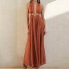 Neck tie wrap chest sexy hollow out irregular long dress