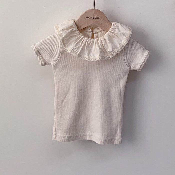 [Nuevo] Camiseta de cuello grande de flores para niñas Camiseta de algodón para bebés de verano 7521