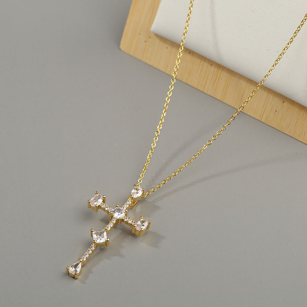 copper micro-inlaid zircon cross necklace