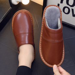 秋冬季居家棉拖鞋家用男女室內防滑厚底真牛皮面保暖家居拖鞋冬天