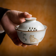 汝窑快客杯开片正品有孔家用三才盖碗手抓壶泡茶碗泡茶壶可养茶具