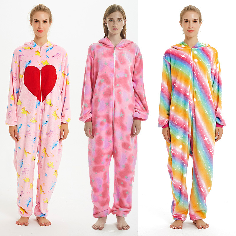 Pijamas de una pieza de coral grueso con diseño de animales de dibujos animados, franela cálida informal de manga larga, venta al por mayor del fabricante, gruesos y cálidos.