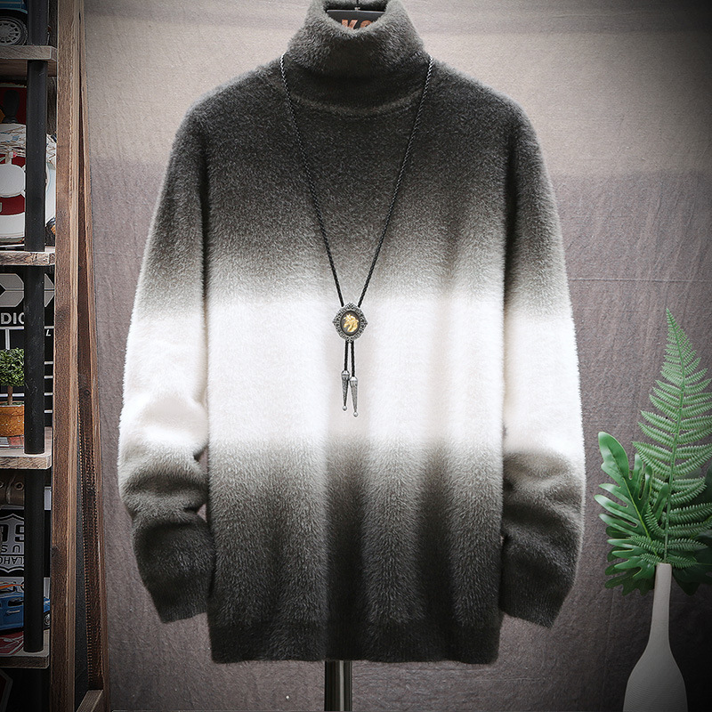 高领毛衣男韩版潮流秋冬男装毛衫马海毛渐变色条纹男士打底针织衫