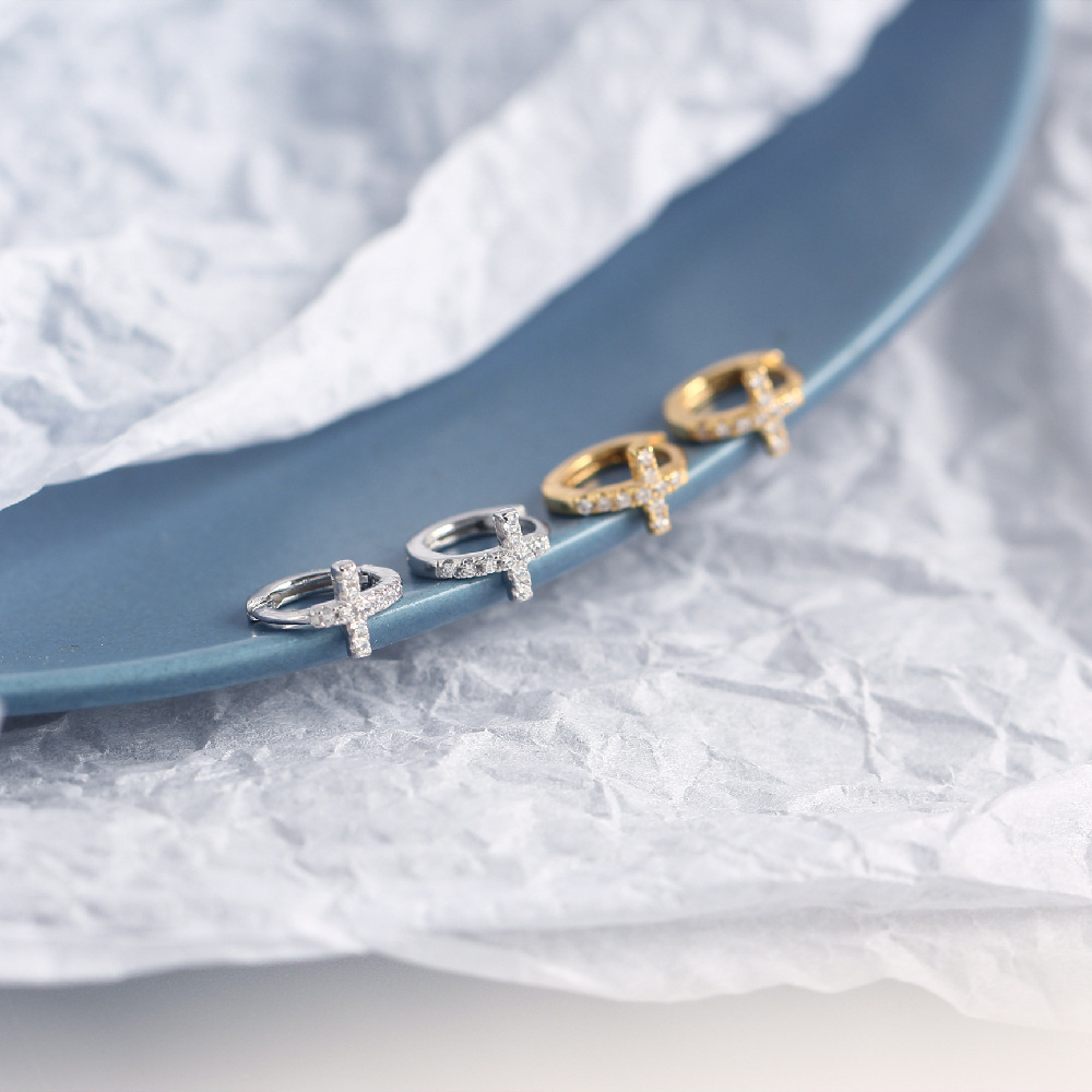 Fashion, Korean Style Style 1 Pair 925 Sterling Silver Cross Zircon Electroplating 18K Real Gold Plated Platinum Plated Earrings Ear Studs