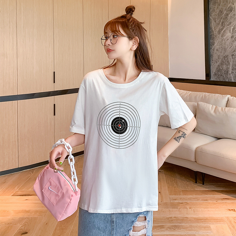 实拍大码短袖女宽松纯棉创意印花白色T恤2021夏新款圆领韩版体恤|ms