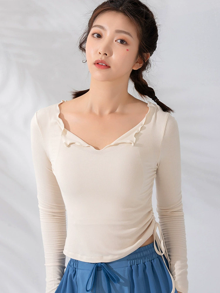 Sexy sports belt, T-shirt, elastic quick dry long-sleeve for yoga for gym, tight, for running, fitted, autumn, internet celebrity
