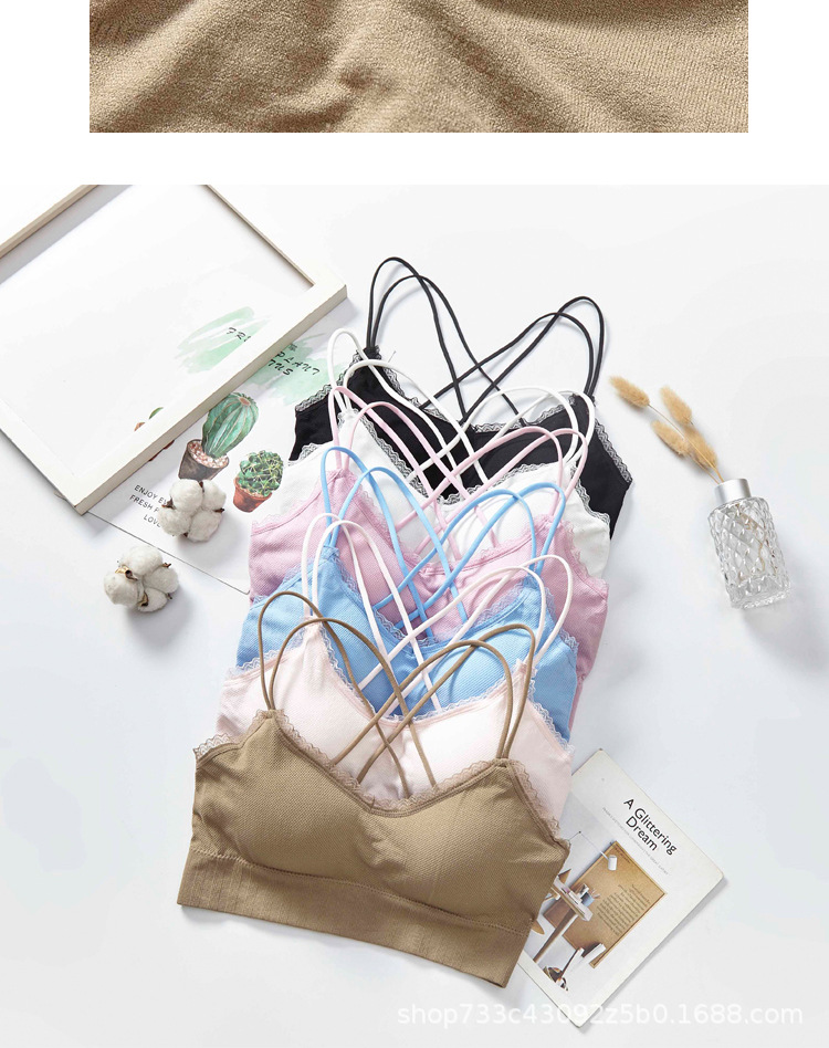 New non-mainstream color lace beauty back spaghetti-strap strapless bra for women without steel rings, with chest pads and thin shoulder straps detail image 13