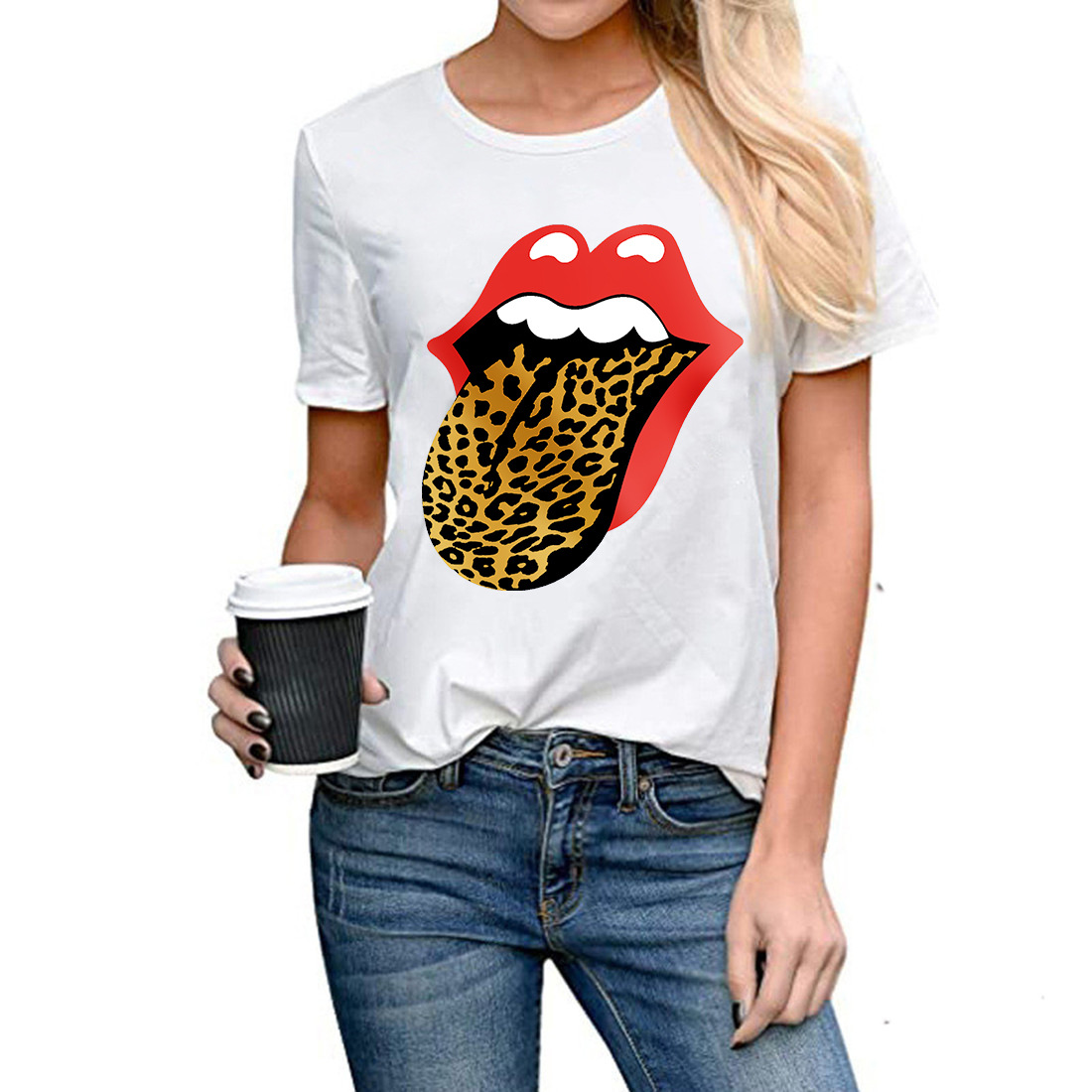 Ladies Leopard Print Lip  Round Neck Short Sleeve T-shirt nihaostyles clothing wholesale NSZZF70946