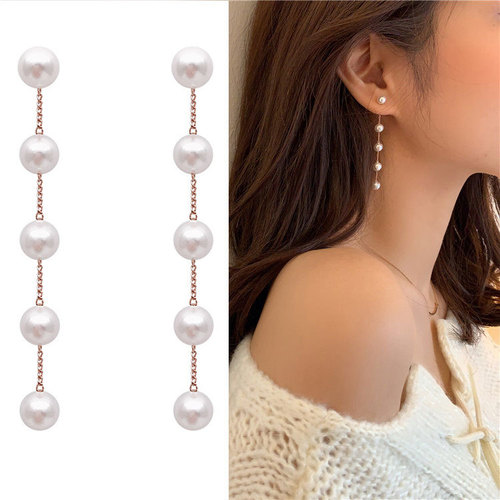 Korean version S925 silver needle earrings, fashion internet celebrity ins temperament pearl earrings, chain long tassel earrings