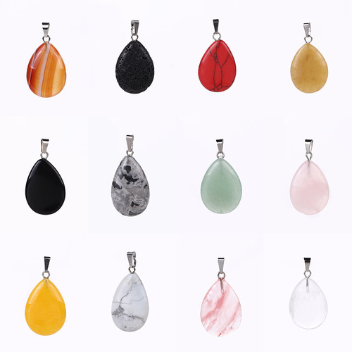 Hot wholesale classic small pendant stainless steel buckle multi-color natural stone flat water drop pendant jade small pendant