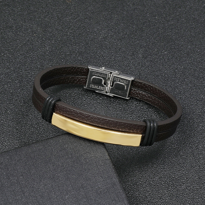 Simple Smooth Stainless Steel Men's Leather Bracelet display picture 9