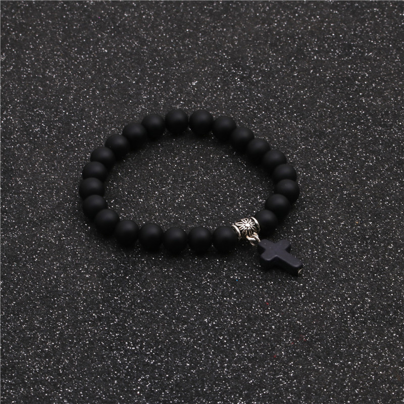 Fashion Black Matte Beaded DIY Bracelet Cross Pendant Menu0026#39;s Bracelet