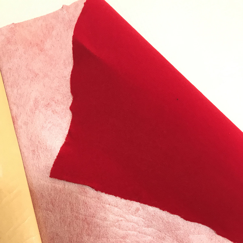 厂家直供涤纶针织底植绒布背胶自粘绒布红色不干胶柜台抽屉植绒布