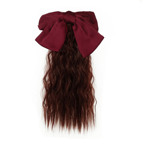 Child's Ponytail False Hair for Girls, Medium-Long Wavy Hair with Bow, False Hair with Ponytail Net, Celebrity Style Band Ponytail with Corn Waves
