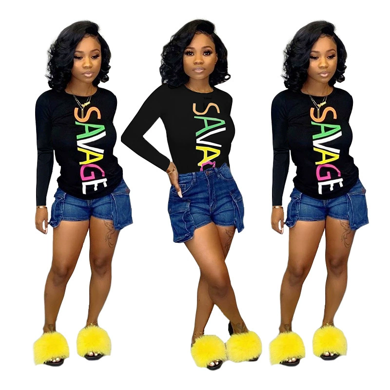 G8021 2020 Amazon независимая станция с буквенным принтом модная повседневная простая Осенняя новая футболка с длинным рукавом