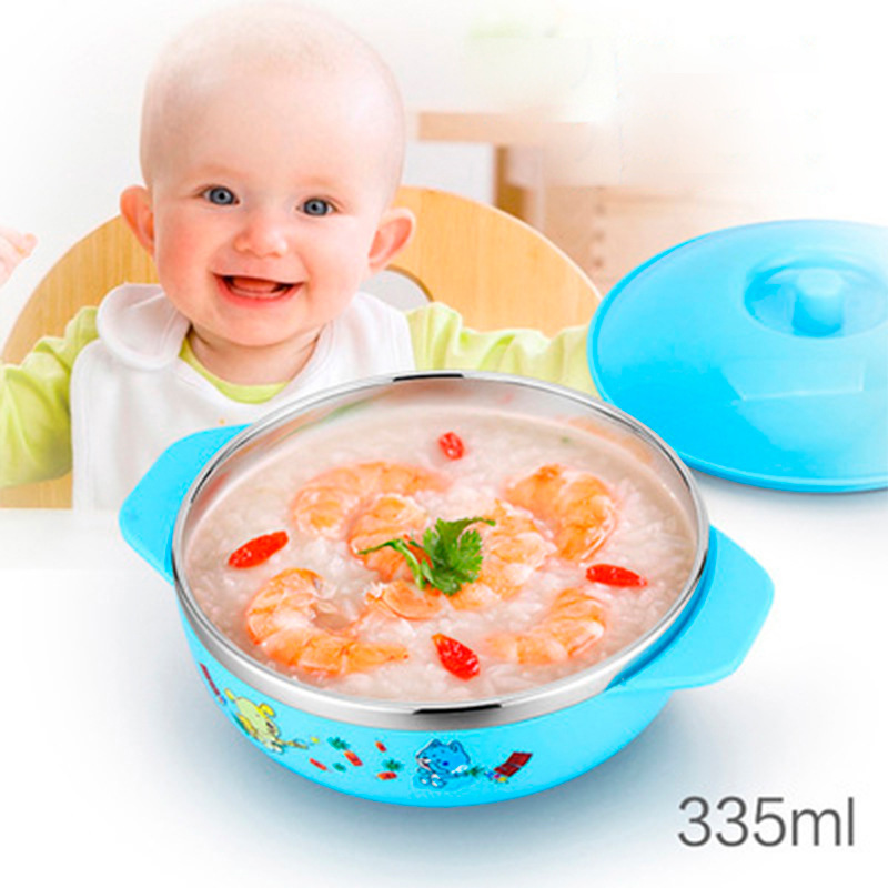 304 Stainless steel children Binaural Bowl household double-deck baby Cartoon heat insulation tableware With cover Auxiliary bowl suit