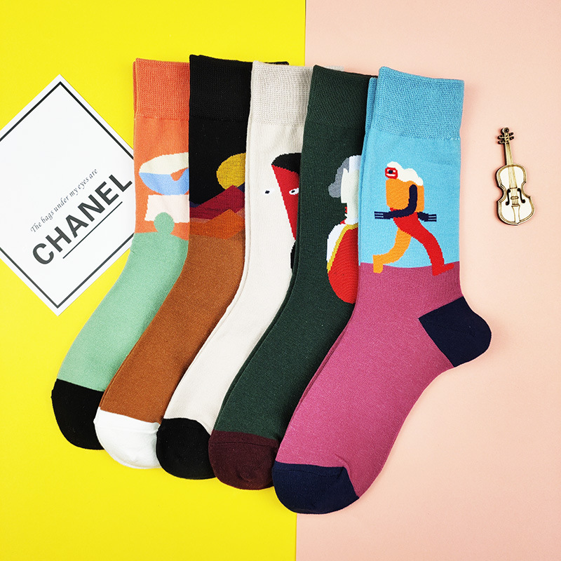 秋冬季男士棉袜子欧美街头个性油画中筒袜ins潮流滑板涂鸦长筒袜|ru