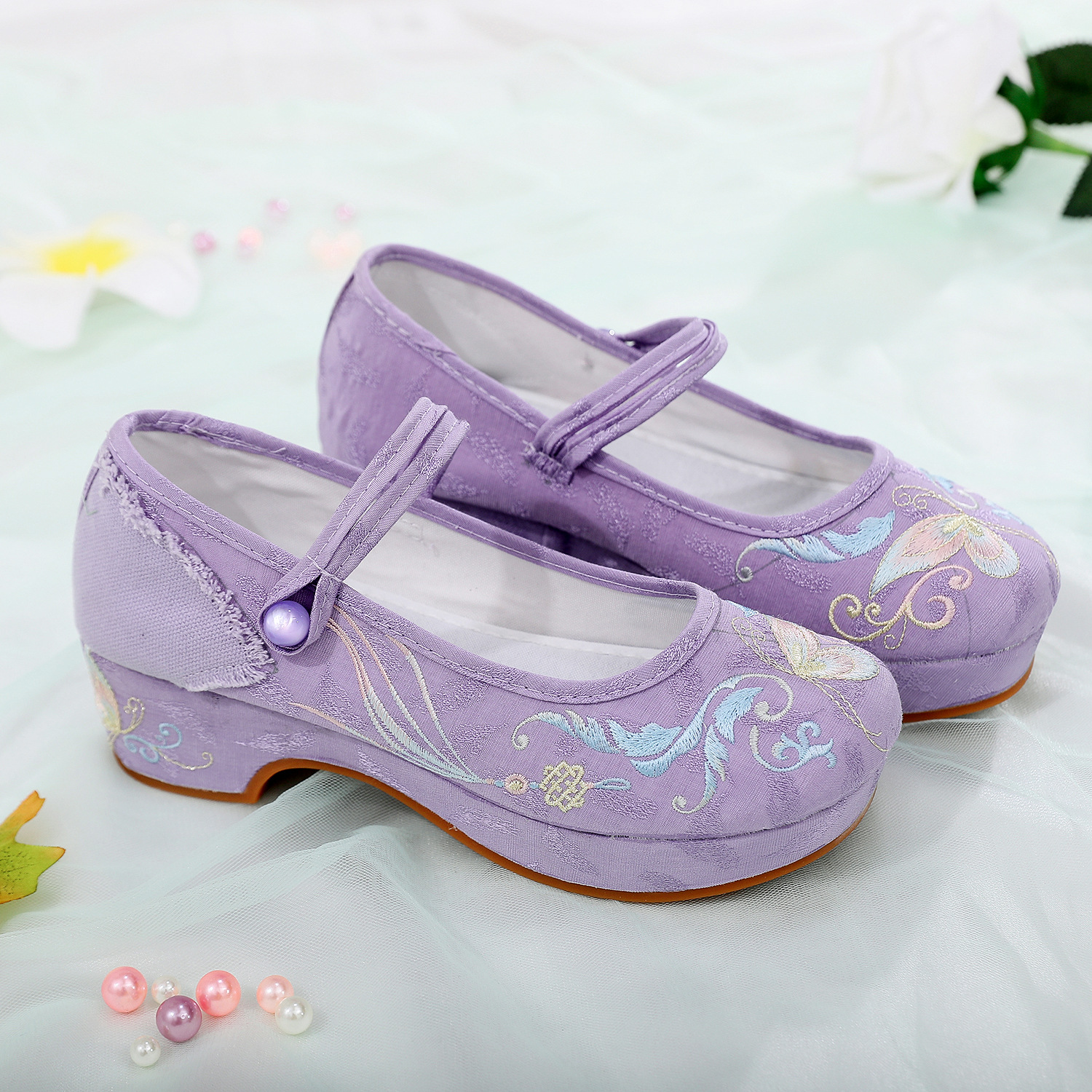 Zi Butterfly Original Hanfa Shoes, the female ancient wind, high-heeled round head embroidered shoes, female increase, old Beijing cloth shoes thick