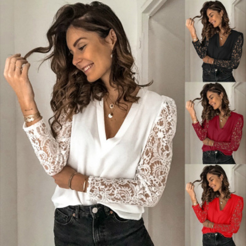 Women's Chiffon Shirt Long Sleeve Blouses Lace Elegant Solid Color display picture 1