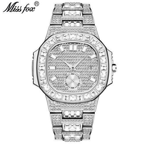 MISSFOX European and American fashion punk hip-hop diamond-filled men's watch gold waterproof calendar quartz watch trendy