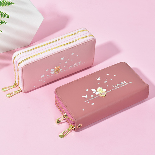 Women's Long-Style Wallet, New Arrival Wholesale, Large-Capacity Leather Clutch with Double Zipper, Heart-Printed Phone Bag