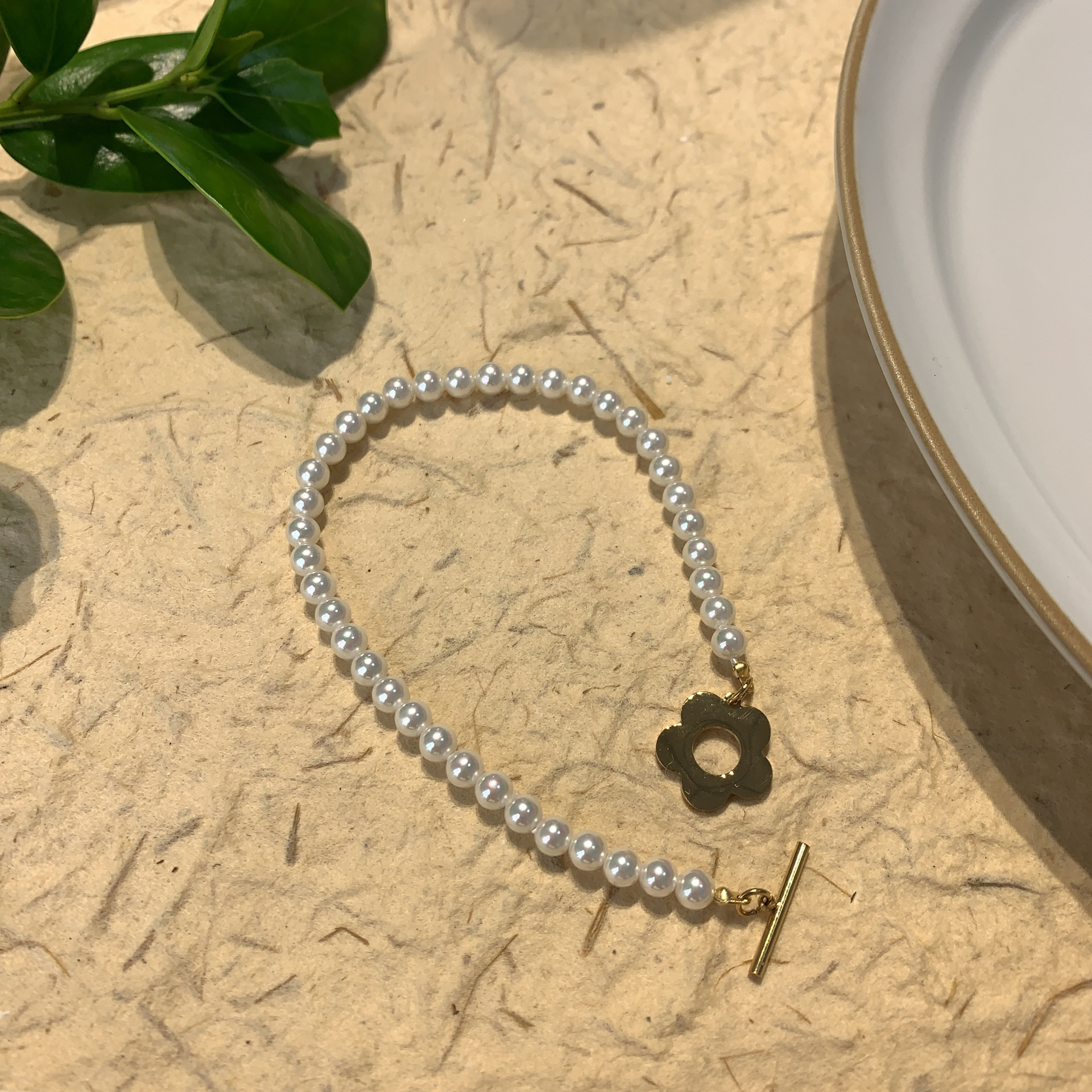 Fashion Flower Pearl Titanium Steel Beaded Plating Bracelets Necklace 1 Piece