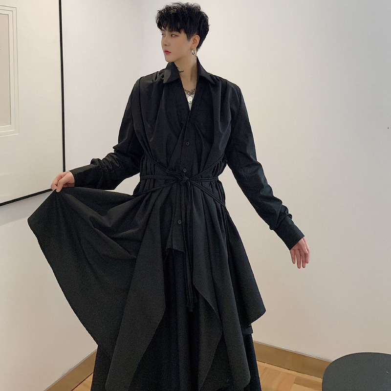 Dark Style Super Long Tether Waist White Shirt Irregular Loose Elegant Small Shirt Coat Fashion Shirt