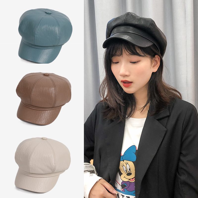 网红pu皮质八角帽女百搭英伦复古贝雷帽秋冬韩版潮日系学生皮帽子|ms