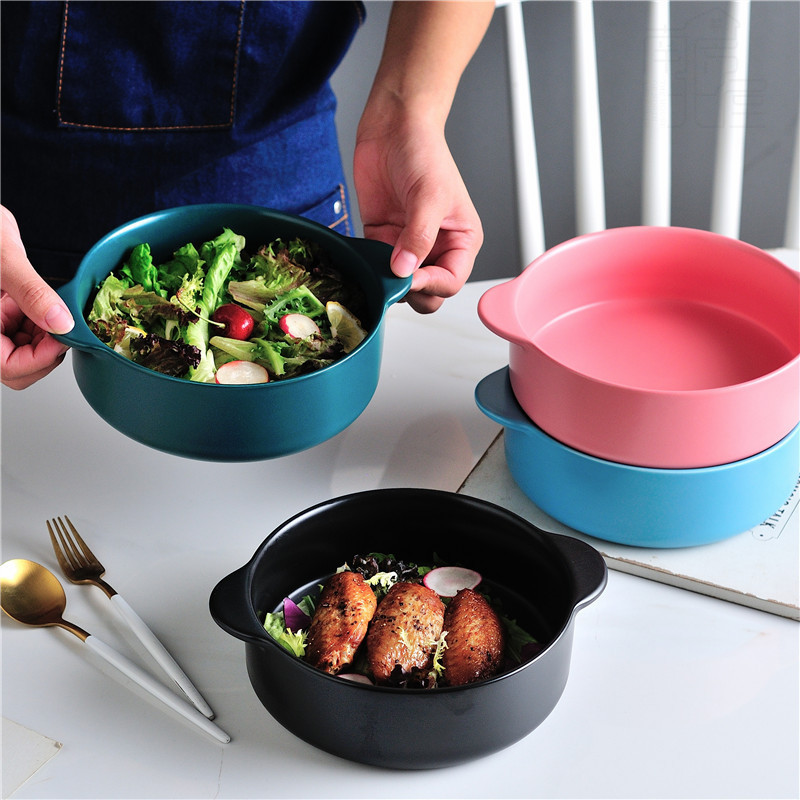 創意陶瓷雙耳碗啞光色釉碗7寸碗泡面碗日式湯碗家用菜碗烘培碗