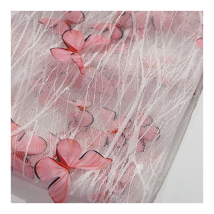 Nuevo bordado láser de encaje tridimensional de color mariposa bordado tela de malla vestido tela de ropa infantil