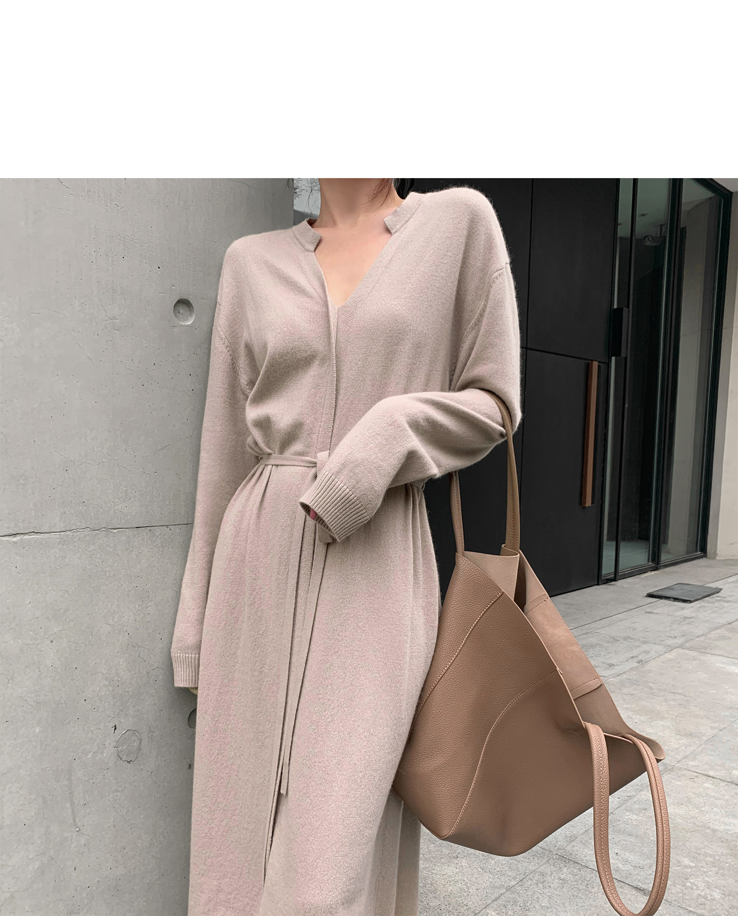 Dress Autumn Winter Simple Temperamental Slimming Solid Color Mid Length over the Knee Drawstring Waist Knitted Dress Women