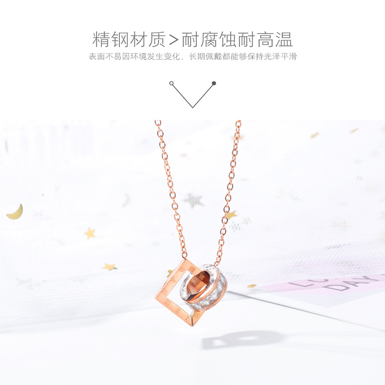 Korean Fashion Hot Sale Double Ring Zircon Pendant Classic Square Roman Numeral Clavicle Chain Ladies Stainles Wholesale Nihaojewelry display picture 3