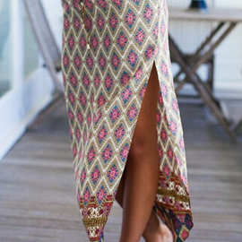 亚马逊速卖通 民族风印花度假印度风绑带开叉半身裙中长款