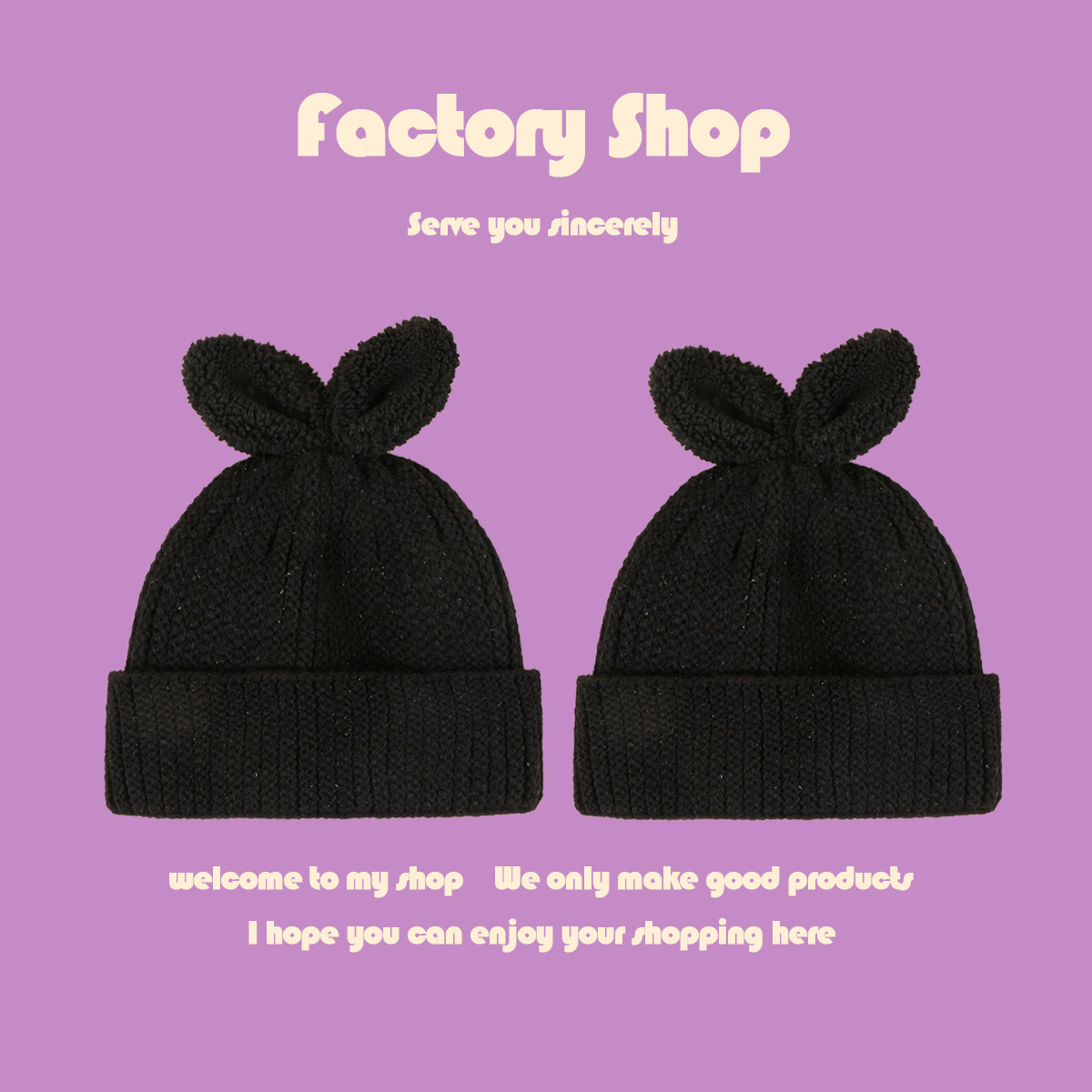 Black Cute Two Ears Knitted Hat display picture 1