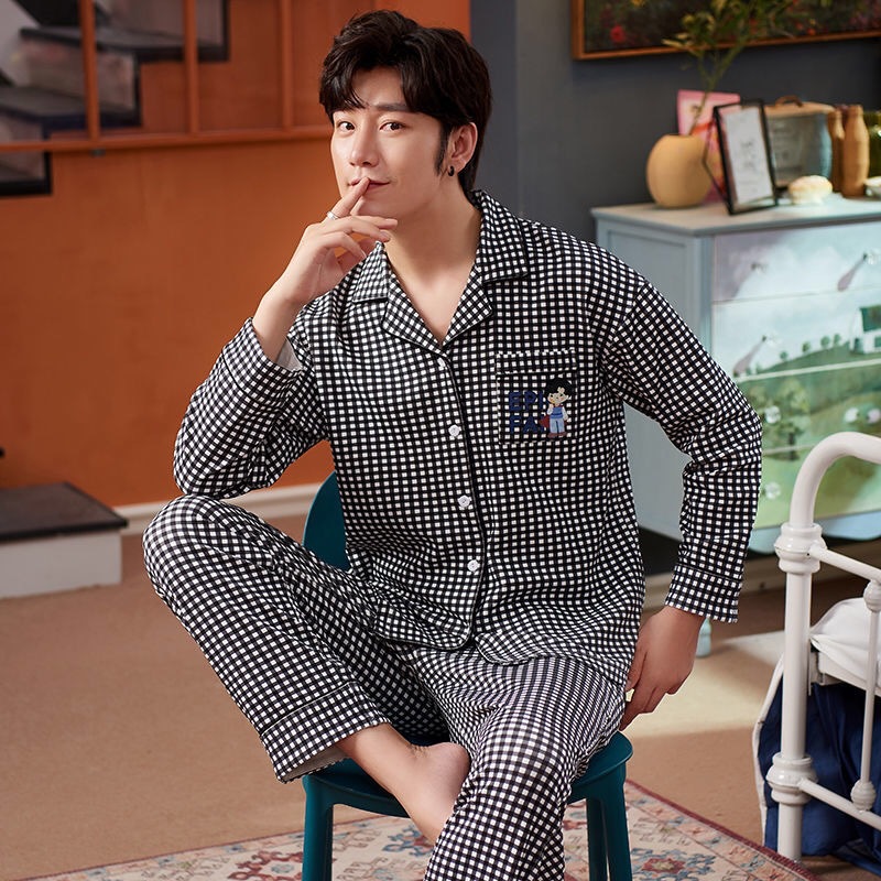 Par de pijamas hombres y mujeres de Primavera y Otoño de manga larga 100% algodón de Estilo Coreano A Cuadros prendas de vestir exteriores del hogar cardigan de Algodón