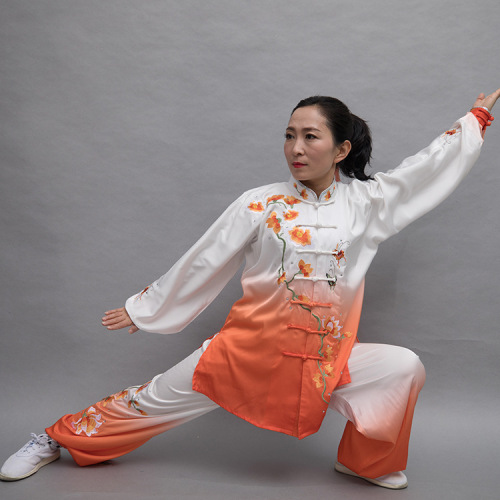 Tai chi clothing chinese kung fu uniforms seasonal Taifu Orange White Embroidery plum blossom women transition training competition performance dress