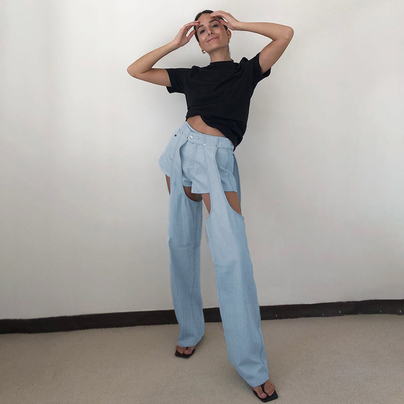 2020 Summer new arrival fashion detachable design high waist hollow jeans for women vintage style Casual pants loose trousers