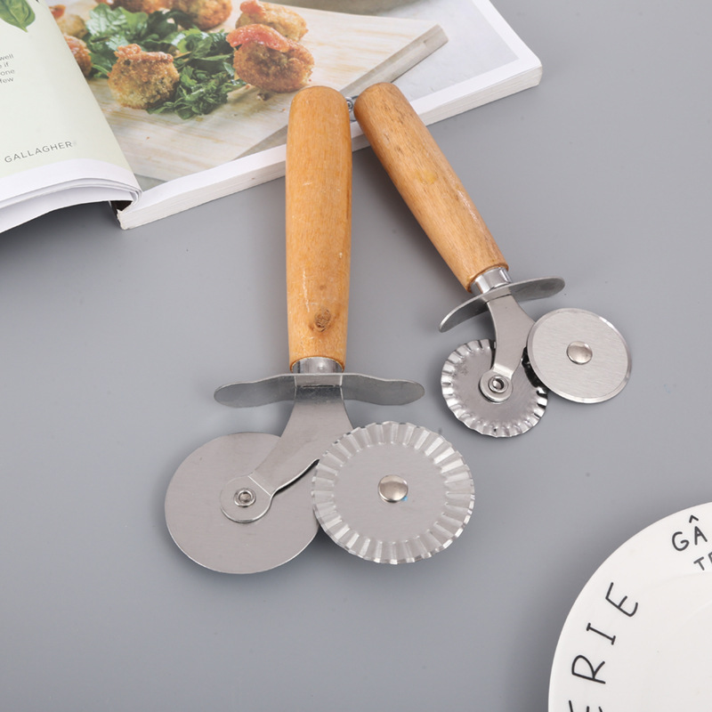 Wooden handle Two wheels Stainless steel Pizza Round knife multi-function baking tool Christmas baking appliance Cake shovel wholesale