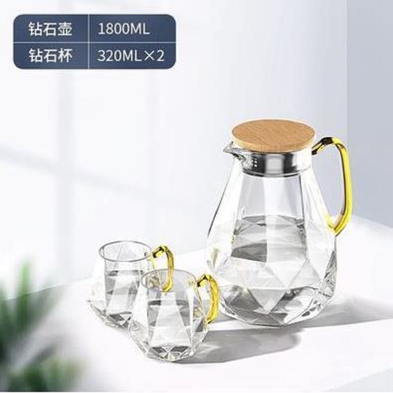 Fábrica al por mayor diamante botella de agua fría gran capacidad vidrio borosilicato resistente al calor botella de agua fría hogar taza de agua hervida conjunto