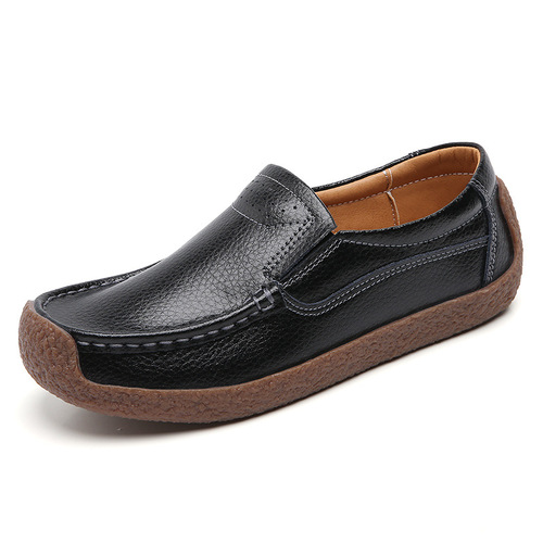 Spring and autumn single shoes for women, flat-soled flat-heeled beanie women's shoes, cowhide woven hollow snail shoes, large size women's shoes, casual mother's shoes