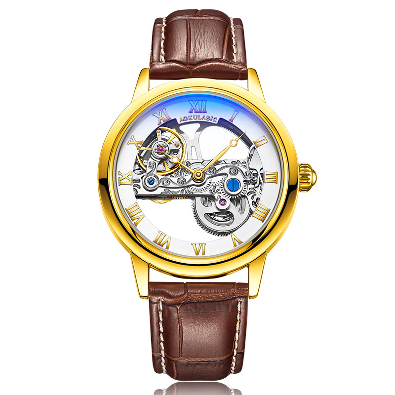 Ogulas AOKULASIC reloj mecánico automático para hombre hollow-out transparent flywheel Belt reloj 5003G