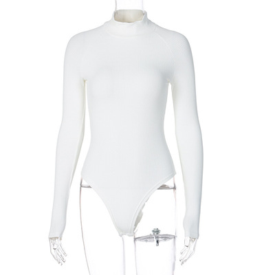 亚马逊爆品2020秋冬新款女装纯色坑条时尚修身显瘦高领长袖连体衣