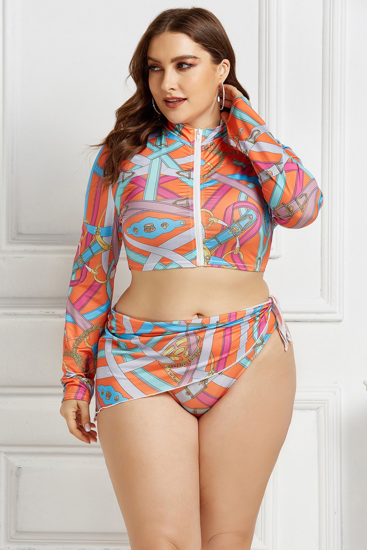 conservative printing long-sleeved split swimsuit  NSLM30311