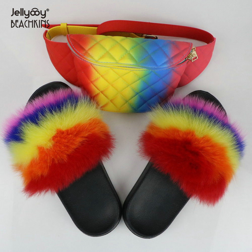 2020新款PVC磨砂哑光彩色果冻包菱格腰包搭配女士狐狸毛拖鞋套装|ms