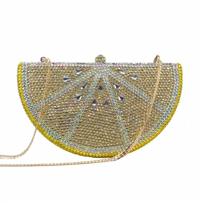 Túi clutch nữ đính đá hình quả chanh, hộp cứng kim cương đáy phẳng, kèm dây xích 48 cm — Màu vàng chi tiết 12