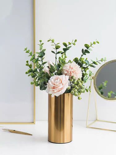 European-style cylindrical metal-plated vase decoration living room model room gold ironwork flower holder light luxury soft decorative item