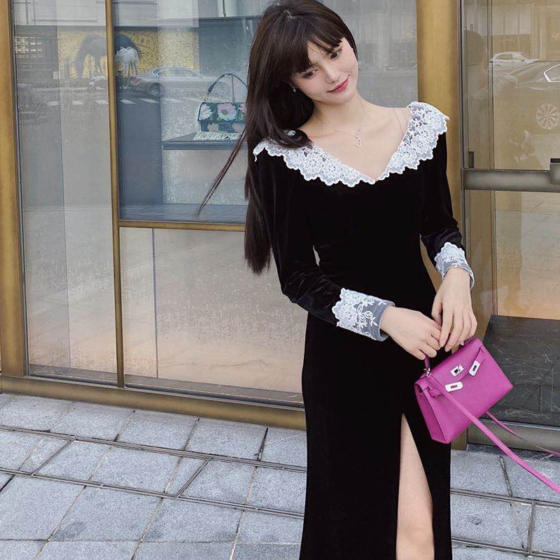 汤元家SD 黑色开叉丝绒连衣裙女秋冬法式长袖蕾丝花边V领气质长裙