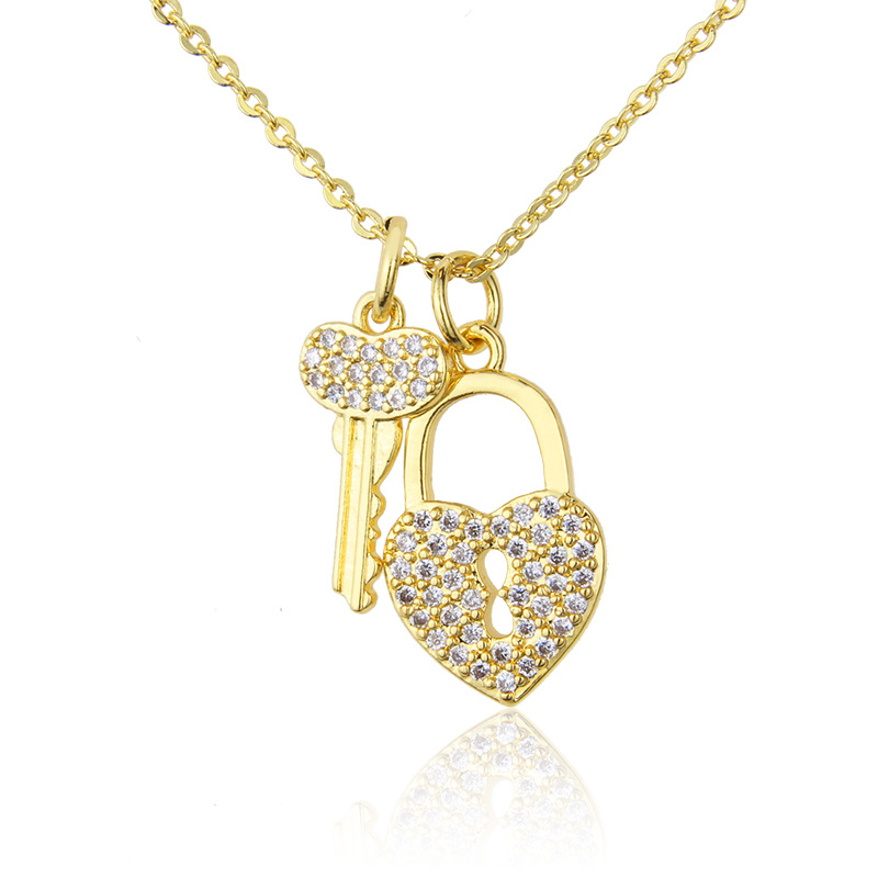 inlaid zirconium key diamond lock tag necklace